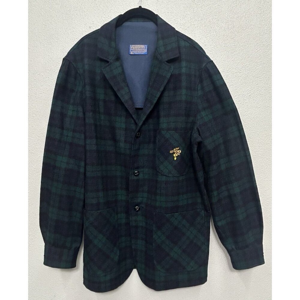 Vtg Pendleton Blazer Jacket Large Green Blue Tartan Plaid Virgin Wool Crest